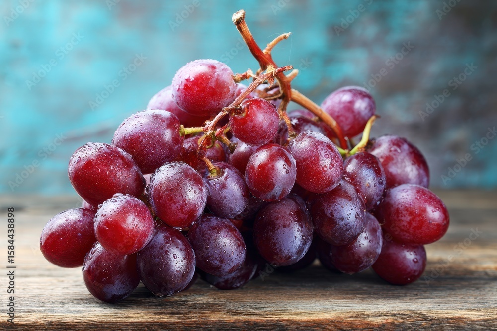 Fototapeta premium Cluster of red grapes on a wooden surface