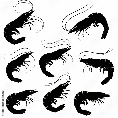 Black Shrimp and Prawn Silhouettes Set on Isolated White Background
