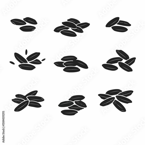 Minimalist Black Silhouettes of Uncooked Rice Grains Icon Set on White Background