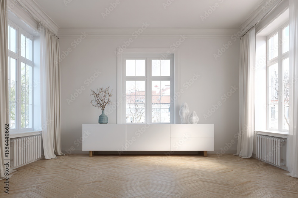 Fototapeta premium Contemporary white cabinet on wooden floor in a light room