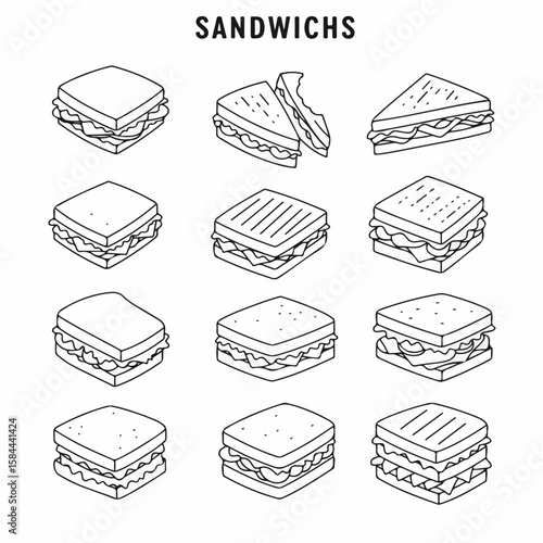 Black and white line art illustrations of various sandwiches, including grilled, club, and classic styles, presented in an isometric view for food design.