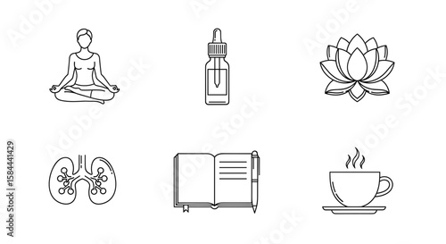 Collection of wellness icons featuring meditation, oil, flower, kidneys, journal and a cup of hot beverage