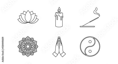 Collection of spiritual symbols including lotus candle incense mandala prayer and yin yang icons