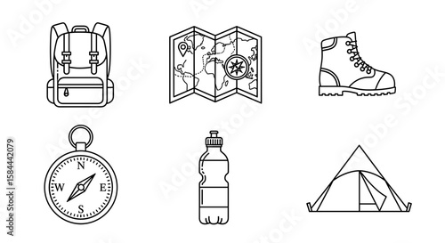 Outlined camping gear icons showcase backpack map boot compass bottle and tent for outdoor adventures