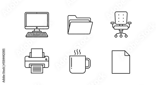 Illustration of computer, file folder, chair, printer, mug, and paper icons in outline style