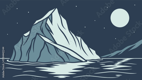 Iceberg night scene illustration with moon and stars antarctic landscape floating in water vector art