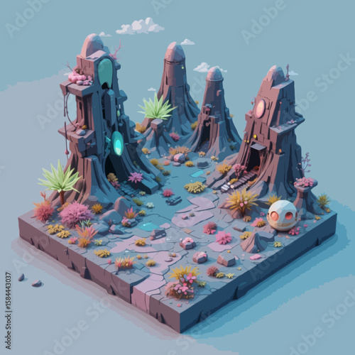 A 3D isometric low poly alien landscape illustration