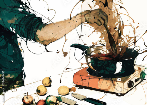 Cooking applesauce, a dynamic illustration, with copy space