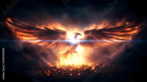Fiery phoenix mythical bird with glowing wings rises from burning ashes, surrounded by dramatic fire, flame, and radiant light, symbolizing rebirth, power, and transformation fantasy scene