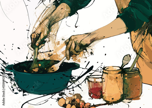 Cooking process, illustrated in warm tones, food preparation, for culinary blogs