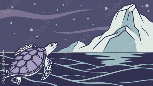 Sea turtle swimming in arctic ocean with iceberg and stars illustration vector graphic design