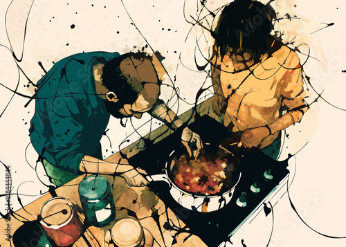 Couple cooking together in kitchen, a vibrant illustration, for blogs and websites