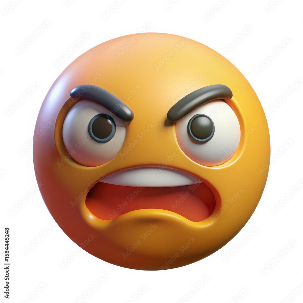 Fototapeta premium Furious emoji face with angry eyebrows and open mouth isolated on white background