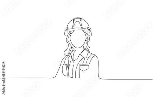 Continuous one line art drawing of female civil engineer vector illustration, Female construction worker, woman job professional industry helmet hat engineer one line drawing vector.