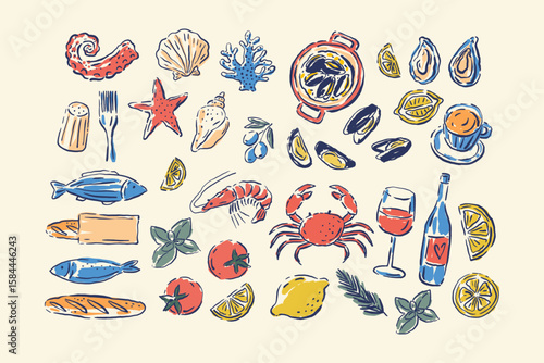 Hand drawn vintage illustrations in a doodle style. Vector Food illustrations in classic Italian aesthetics. Dolce Vita - Menu, posters designs.