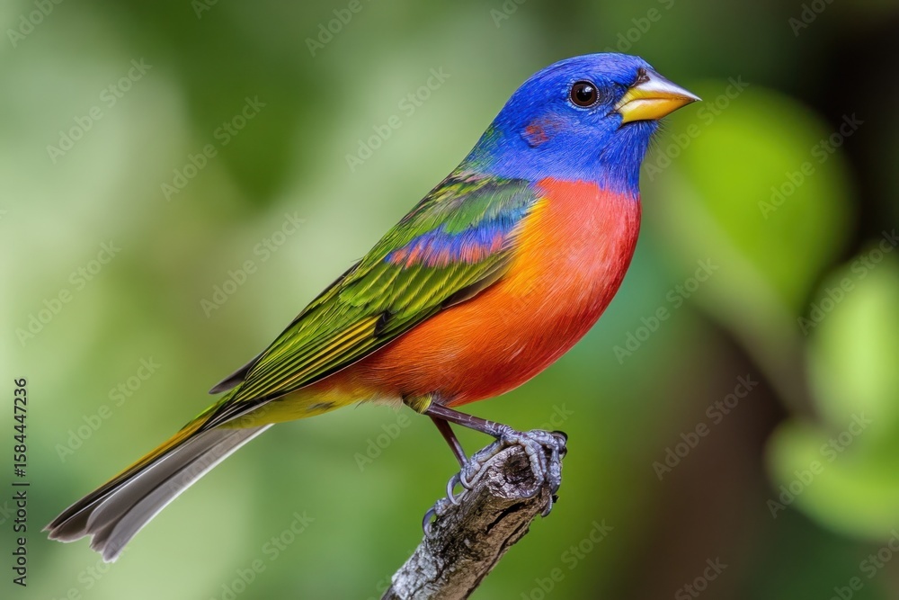Elegant wildlife capture of painted bunting’s profile, perched gracefully in light breeze Elegant wildlife capture of painted bunting’s profile, perched gracefully in light breeze