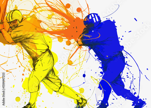 American football players clashing in dynamic action, painted in yellow and blue, for sports publications