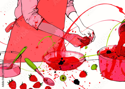 Person making strawberry jam, vibrant red illustration, for food blogs