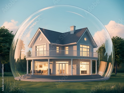 A suburban home encased in a protective transparent sphere against environmental elements and external threats showcasing security and safety measures