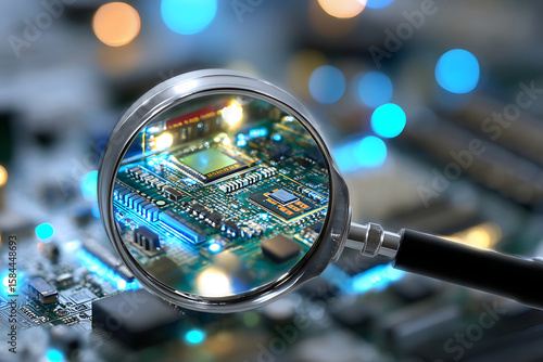 Magnifying Glass Revealing Details of a Microchip on a Circuit Board Surrounded by Colorful Lights at a Tech Fair