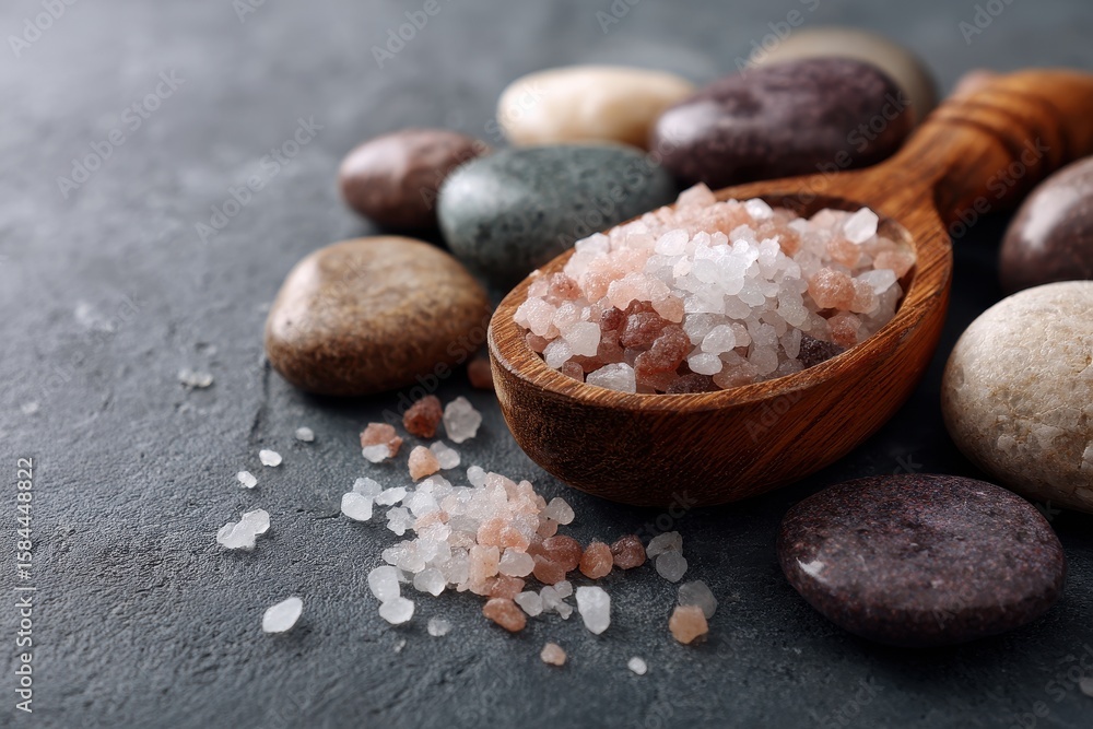 Fototapeta premium Beauty and wellness through spa salts and stones Therapeutic relaxation and treatments Aromatherapy and body care Alternative living Unwind in the bath