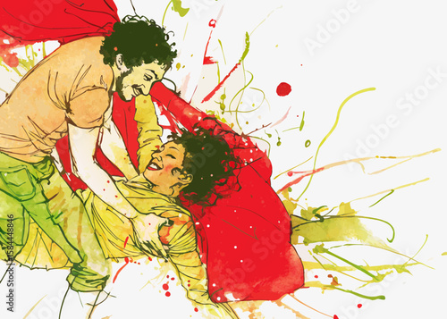 Couple playfully interacting, vibrant colors, dynamic composition, for website banners