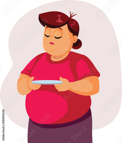 Overweight Woman Holding an Empty Plate Fasting Vector Cartoon Illustration. Person suffering from obesity trying intermittent fasting method