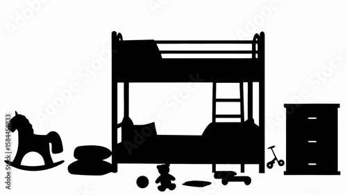 Silhouette of a children's bedroom with bunk bed, toys, dresser and rocking horse, all in black color