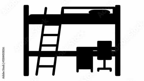 Illustration of a bunk bed with a ladder and a desk with a chair underneath in black silhouette