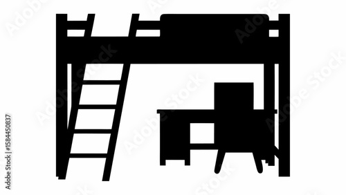 Silhouette of a loft bed with a ladder and a desk and chair underneath in black and white style image