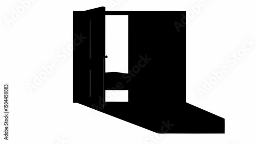 An open door with a rectangular frame and a dark shadow cast beside it in monochrome style design
