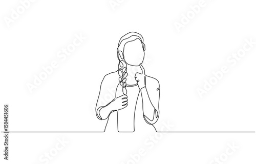 Continuous one line drawing of young lady thinking with put her finger in the chin, thoughtful young woman single line art Vector illustration.