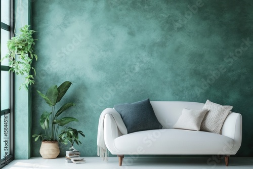 Elegant home living area with subtle lighting, white sofa, and green plaster wall