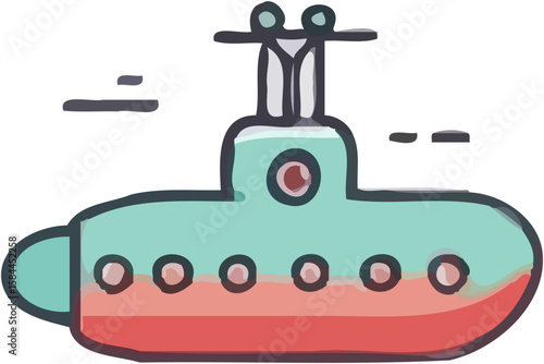 Cartoon illustration of a submarine with a red hull and green body.