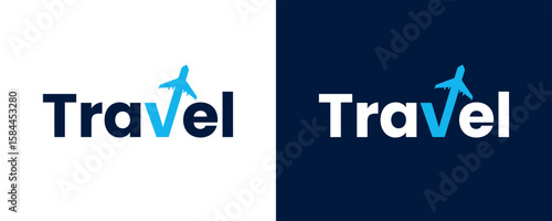 Travel logo design template. Simple Wordmark Travel with plane Logo design vector illustration.