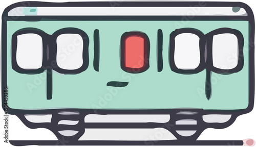 Cartoon train car with a face, featuring large windows and a red door.
