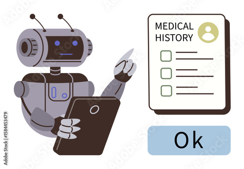 Robot reviewing medical history form, pointing to data with tablet in hand, confirming results. Ideal for healthcare AI, medical analytics, technology in medicine, automation, data processing