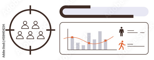 Group of individuals in focus, bar and line graphs analyzing trends, and progress tracker. Ideal for analytics, business strategy, market segmentation, performance tracking, audience targeting, data