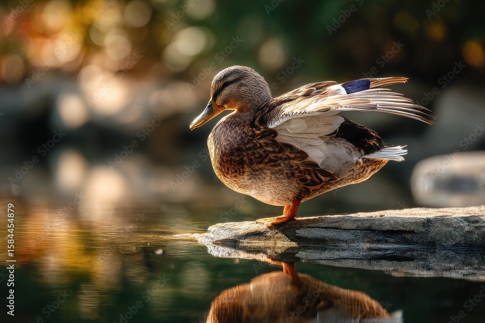 Fototapeta premium Duck preening its feathers in the morning sun on a pond
