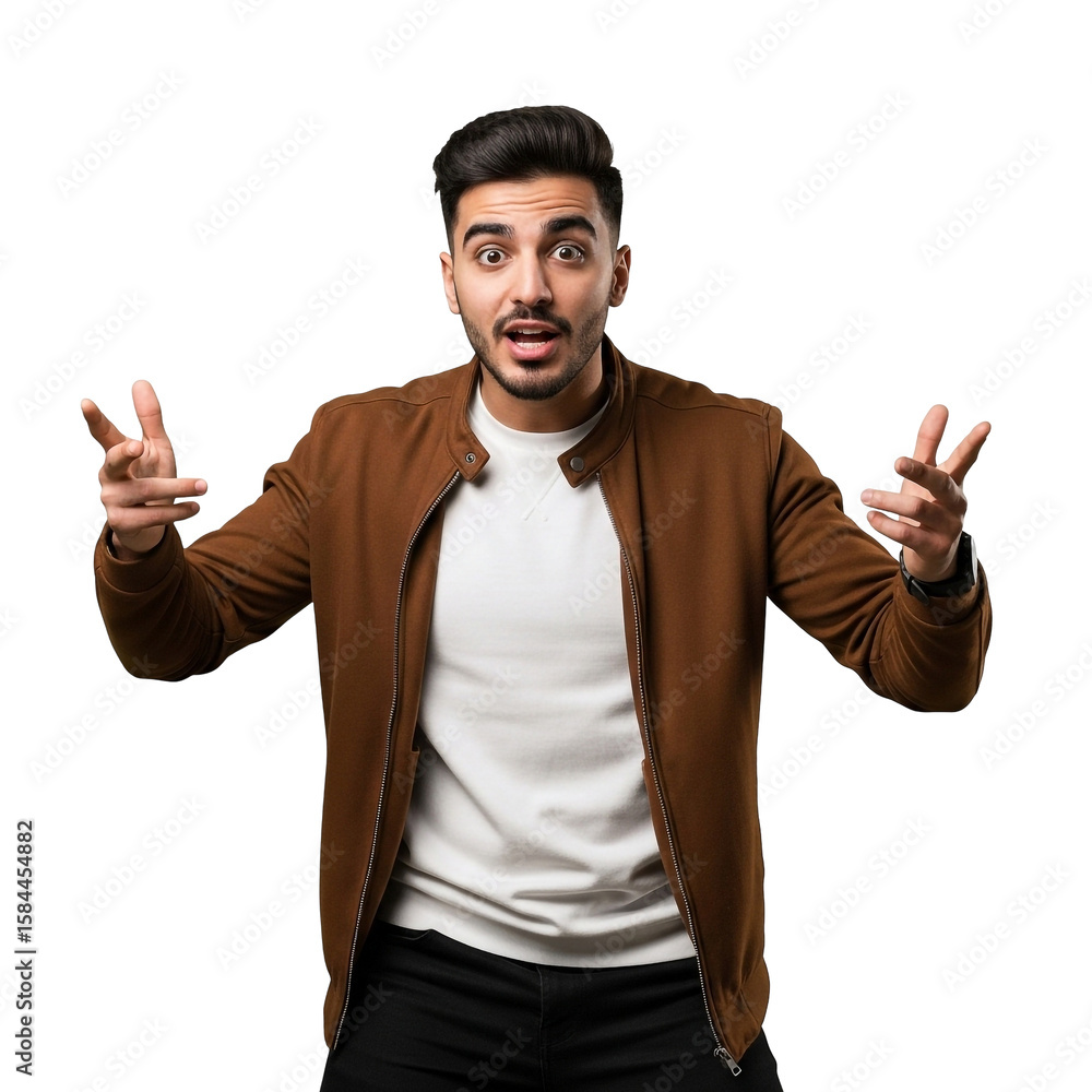 Fototapeta premium Surprised man in jacket shows shocking expression posing