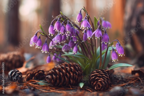 Purple snowdrops with pine cones in the backdrop Dreamgrass exclusive to Russia Flowering forest plant