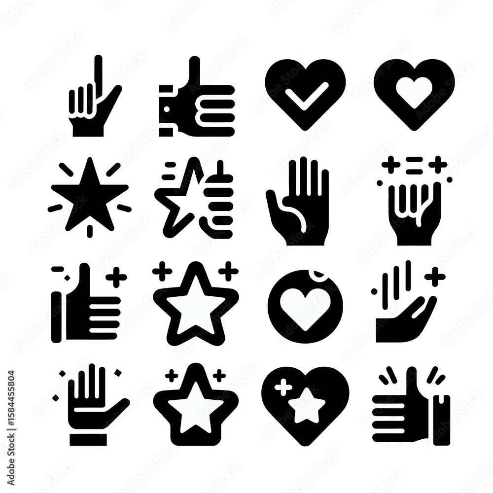 Obraz premium A collection of sixteen black and white vector icons depicting hands, hearts, and stars, representing positive feedback, appreciation, and ratings.