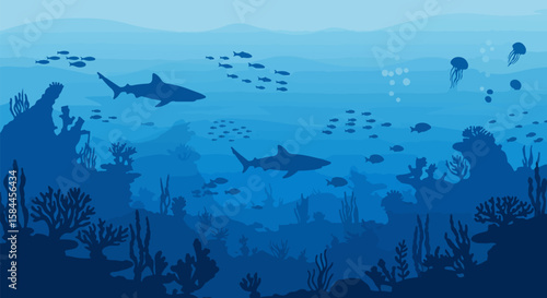 Elegant and immersive vector flat illustration depicting a serene underwater world, entirely rendered in harmonious shades of blue.