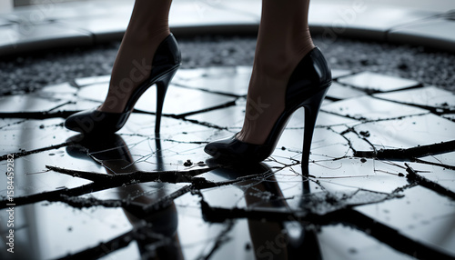 Elegant black high heels stand on a shattered glossy floor, creating a dramatic and captivating fashion moment with reflective textures.