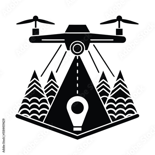 AI Powered Drone Scanning Large Landscapes For Security And Surveillance vector silhouette on white background