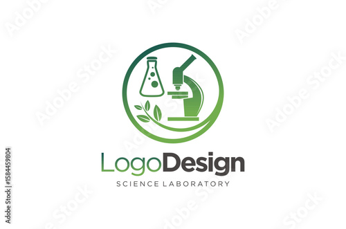 Green science lab logo design. Microscope and flask, round of plant tree green leaves. Vector illustration.
