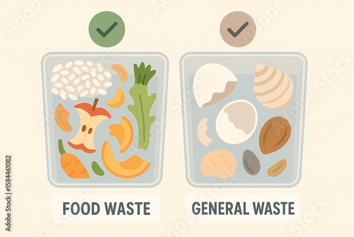 Simple flat illustration showing correct separation of food waste and general waste. Useful for recycling guides, eco-friendly lifestyle, and zero waste educational materials.