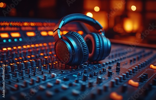 Headphones mockup on sound mixing console with glowing lights

