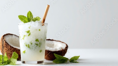 Coconut mojito crushed ice mint straw halves bright setting