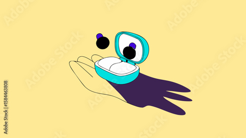 Hand holding a contact lens case with lenses floating above on a yellow background illustration created with generated ai